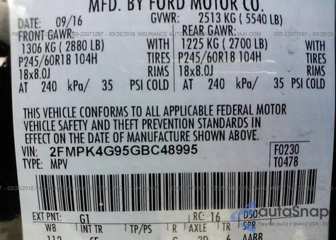 2016 Ford Edge Se z USA, uszkodzony, nr VIN 2FMPK4G95GBC48995